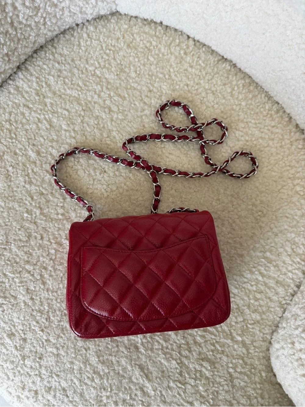 CHANEL Red Quilted Mini Flap Bag with Silver Chain